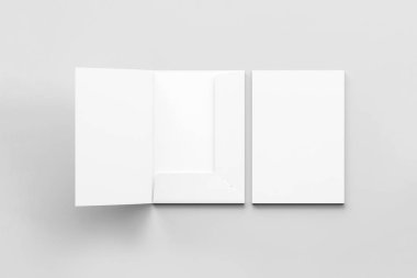 Gerçekçi A4 boyutunda tek cep klasör kartvizit sahte kadar yumuşak gri arka plan üzerinde izole takviye. İki yaprak .3d render ile basit klasörleri.