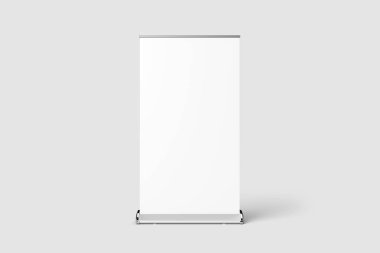 Boş Roll-Up Banner alay kadar kırpma yoluyla izole üzerinde yumuşak gri arka plan. 3D render.