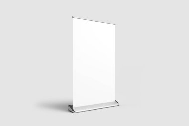 Boş Roll-Up Banner alay kadar kırpma yoluyla izole üzerinde yumuşak gri arka plan. 3D render.