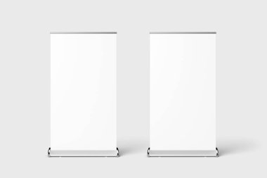 Boş Roll-Up Banner alay kadar kırpma yoluyla izole üzerinde yumuşak gri arka plan. 3D render.