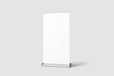 Boş Roll-Up Banner alay kadar kırpma yoluyla izole üzerinde yumuşak gri arka plan. 3D render.