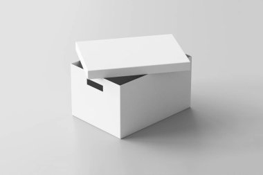 Gerçekçi beyaz boş karton beyaz arka plan üzerinde izole kutular. Mock-up kolay değişiklik renklere. Tasarımınız için hazır. 3D render. Depolama kutusu alay kadar.
