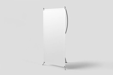 Gerçekçi boş başlığını X-Stand ağaç izole üzerinde yumuşak gri arka plan görüntüleme. 3D render.