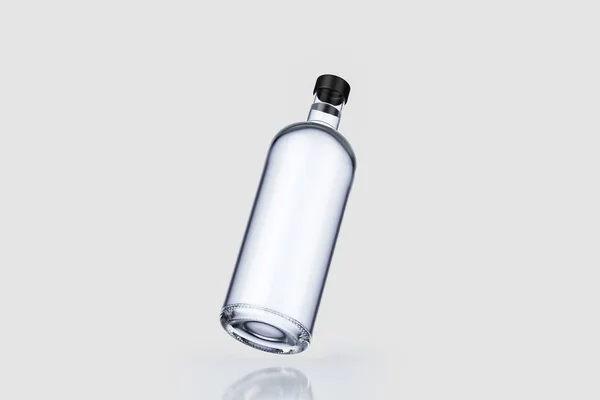 玻璃伏特加瓶与帽子隔离在柔软的灰色背景 搞混了3D — 图库照片