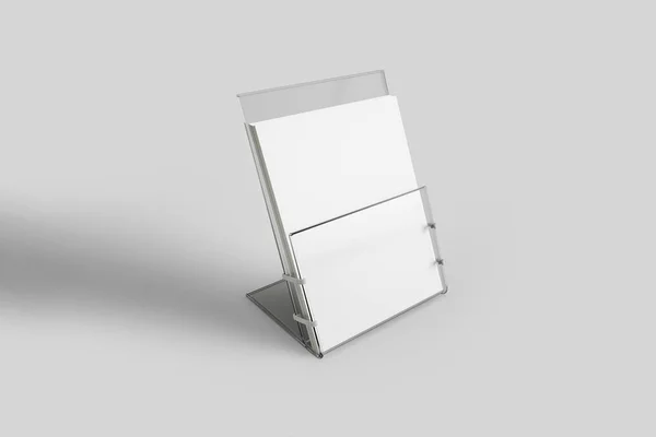 空白チラシ柔らかい灰色の背景に分離されたモックアップ ガラス プラスチックの透明ホルダー 空のリーフレットはモックアップ デザイン プレゼンテーション レンダリング — ストック写真