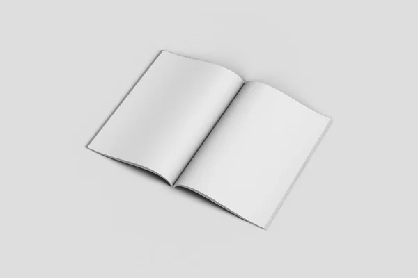 空白打开了杂志 小册子 小册子查出在柔软的灰色背景 — 图库照片
