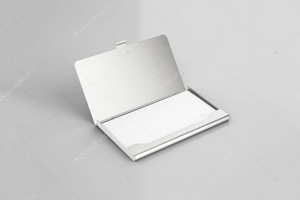 Business Card Holder on soft gray Background. Glossy holder for business cards. 3D rendering.