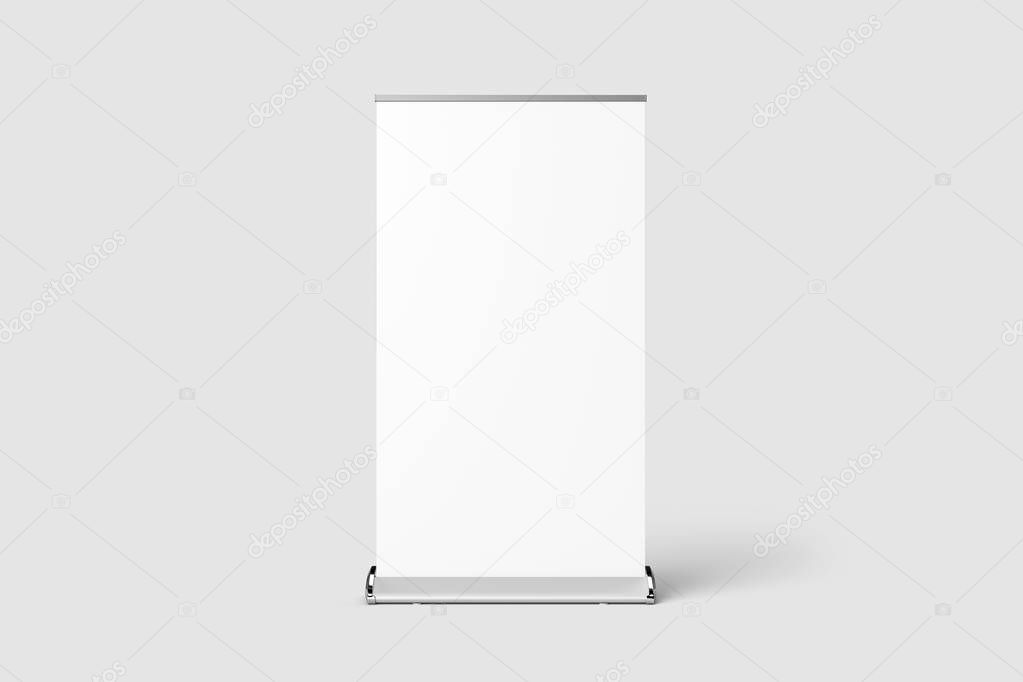 Blank Roll-Up Banner Mock up isolated on soft gray background with clipping path. 3D rendering.