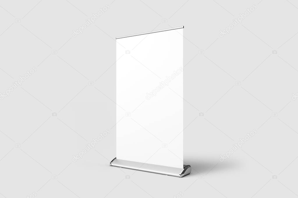Blank Roll-Up Banner Mock up isolated on soft gray background with clipping path. 3D rendering.