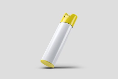 Hava temizleyici sprey sprey metal şişe alay kadar kırpma yolu ile yumuşak gri arka plan üzerinde izole olabilir. Gerçekçi fotoğraf. 3D render