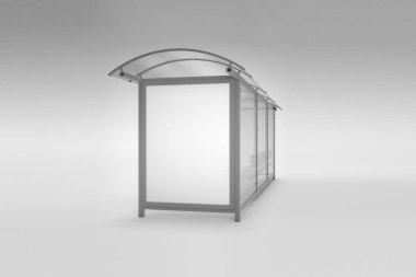 Yumuşak gri arka plan üzerinde izole boş beyaz posteri ile modern otobüs durağı. Kadar alay et. 3D render.