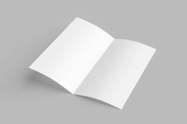 Boş kağıt broşür alay kadar yumuşak gölgeler ve vurguları olan yumuşak gri arka plan üzerinde. Açık kat broşürü. 3D render