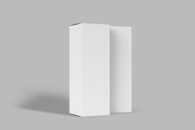 Gerçekçi beyaz boş karton beyaz arka plan üzerinde izole kutular. Mock-up kolay değişiklik renklere. Tasarımınız için hazır. 3D render. Dikey kutuları Mockup
