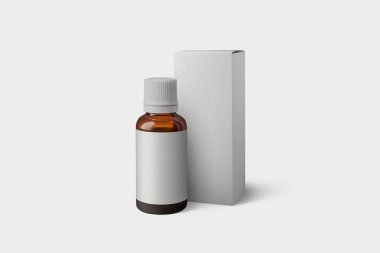 Yumuşak gri arka plan üzerinde karton kutu boş etiket ile Cam Şişe. Amber cam şişe Mock-up. Tıp ve vitaminler, örnekler ve şablonlar izole. 3d render. 