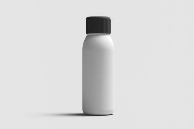 İlaç yumuşak gri arka plan üzerinde plastik şişe. Beyaz plastik şişe Mock-up. Tıp ve vitaminler, örnekler ve izole şablonları. 3D render.