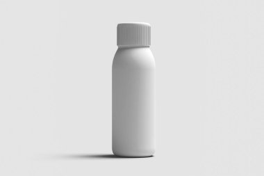 İlaç yumuşak gri arka plan üzerinde plastik şişe. Beyaz plastik şişe Mock-up. Tıp ve vitaminler, örnekler ve izole şablonları. 3D render.