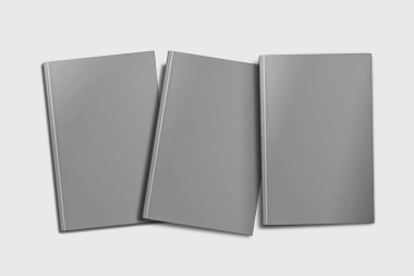 Ciltli kitap şablonu, tasarım kullanımları için boş kitaplar maket, 3d render. Yumuşak gri arka plan üzerinde boş gri kitap kapağı. Kırpma yolu ile yalıtılmış.