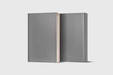 Ciltli kitap şablonu, tasarım kullanımları için boş kitaplar maket, 3d render. Yumuşak gri arka plan üzerinde boş gri kitap kapağı. Kırpma yolu ile yalıtılmış.
