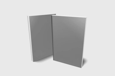Ciltli kitap şablonu, tasarım kullanımları için boş kitaplar maket, 3d render. Yumuşak gri arka plan üzerinde boş gri kitap kapağı. Kırpma yolu ile yalıtılmış.