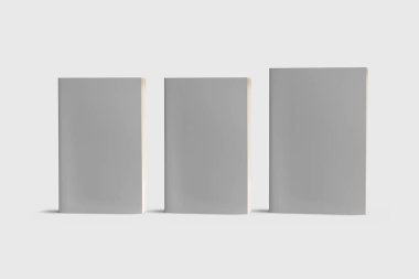 Ciltli kitap şablonu, tasarım kullanımları için boş kitaplar maket, 3d render. Yumuşak gri arka plan üzerinde boş gri kitap kapağı. Kırpma yolu ile yalıtılmış.