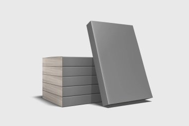 Ciltli kitap şablonu, tasarım kullanımları için boş kitaplar maket, 3d render. Yumuşak gri arka plan üzerinde boş gri kitap kapağı. Kırpma yolu ile yalıtılmış.