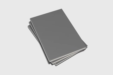 Ciltli kitap şablonu, tasarım kullanımları için boş kitaplar maket, 3d render. Yumuşak gri arka plan üzerinde boş gri kitap kapağı. Kırpma yolu ile yalıtılmış.