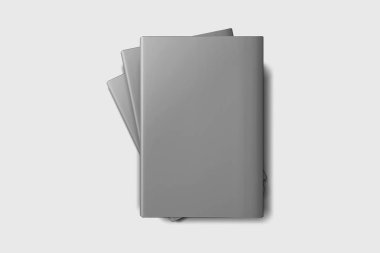 Ciltli kitap şablonu, tasarım kullanımları için boş kitaplar maket, 3d render. Yumuşak gri arka plan üzerinde boş gri kitap kapağı. Kırpma yolu ile yalıtılmış.