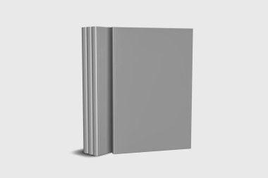 Ciltli kitap şablonu, tasarım kullanımları için boş kitaplar maket, 3d render. Yumuşak gri arka plan üzerinde boş gri kitap kapağı. Kırpma yolu ile yalıtılmış.