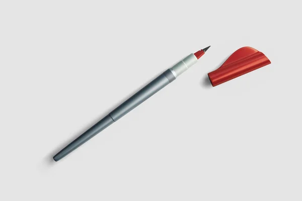 Εργαλεία Καλλιγραφίας Στυλό Φτερό Πινέλο Απομονωμένα Απαλό Γκρι Φόντο Φωτογραφία — Φωτογραφία Αρχείου
