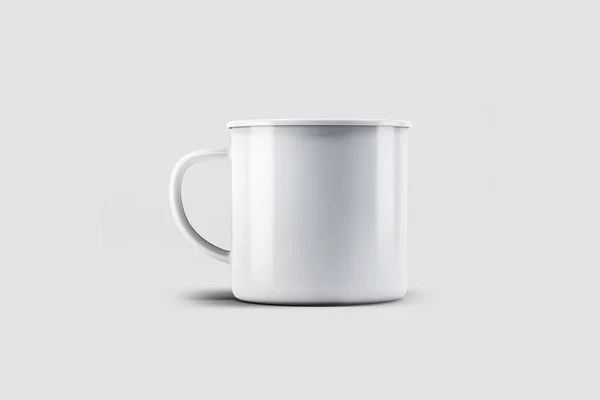 Weiße Leere Emaille Tasse Auf Weißem Hintergrund Leere Tasse Für — Stockfoto