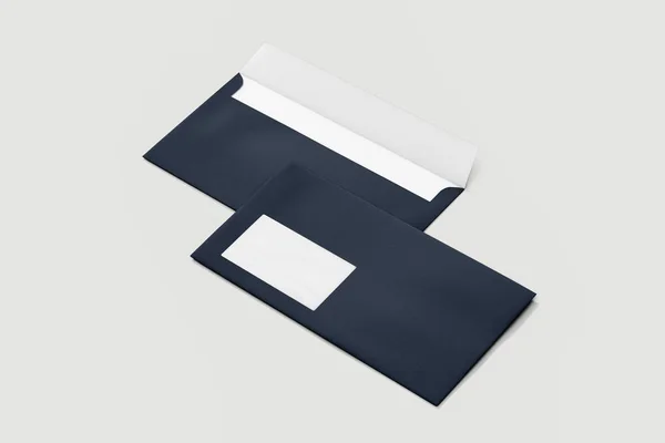 Prázdné Obálky Oknem Tmavě Modrém Izolované Bílém Měkkými Stíny Přední — Stock fotografie