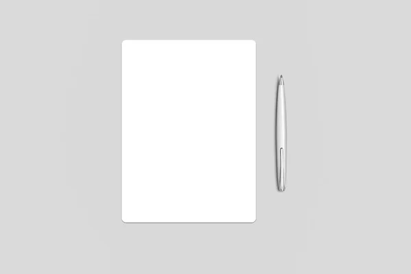 Lege Witte Papier Letter Pen Mockup Sjabloon Geïsoleerd Grijze Achtergrond — Stockfoto