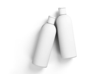 Kozmetik parlak plastik şişeler için şampuan, duş jeli, losyon, vücut sütü, banyo köpüğü beyaz izole. Gerçekçi ambalaj mockup şablon. 3D Rendering.