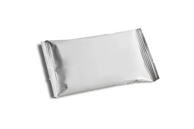 Flow Pack beyaz arka planda gölge ile mock. Boş plastik torba snack ambalajın üst görünümü. 3B işleme