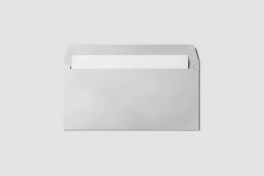 Yumuşak gri arka planda Letter kağıt mockup ile açık zarf. yumuşak gölgeler ile açıldı. 3D illüstrasyon