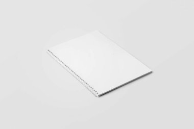 Üst görünüm, yumuşak gri arka planda boş beyaz Notebook. 3D çizim