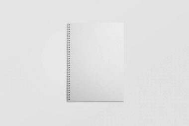 Üst görünüm, yumuşak gri arka planda boş beyaz Notebook. 3D çizim