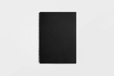 Üstten Görünüm, yumuşak gri arka plan üzerine boş siyah defter. 3D çizim