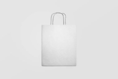 Beyaz Kağıt alışveriş çantası mock-up yumuşak gri background. 3D illüstrasyon