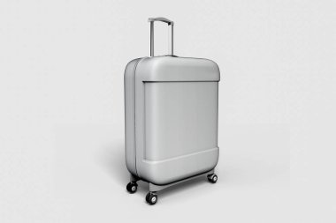 Beyaz Bagaj çantası, yumuşak gri arka planda Bagaj mockup. 3D illüstrasyon