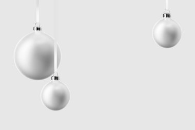 Gümüş Noel topları mock-up yumuşak gri arka planda izole. Berrak kristal Noel ağacı oyuncakları. Tasarım ve Branding için kullanılabilir. 3D illüstrasyon.