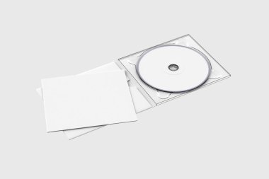 CD yuvarlak yüzey ve karton ambalaj kapak şablonu kadar alay et. Karton Cd sürücüsü digipak olgusu. Beyaz tasarım veya metin marka için boş. yumuşak gri arka plan üzerinde izole. Yüksek çözünürlükte 3d çizim.