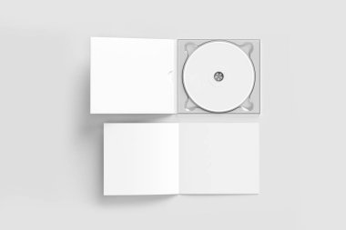 CD yuvarlak yüzey ve karton ambalaj kapak şablonu kadar alay et. Karton Cd sürücüsü digipak olgusu. Beyaz tasarım veya metin marka için boş. yumuşak gri arka plan üzerinde izole. Yüksek çözünürlükte 3d çizim.