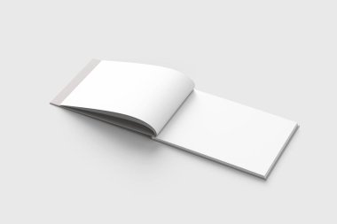 Boş beyaz kitabın Mock-up yumuşak gri arka plan üzerinde izole. Açık ve kapalı, izole kırpma yoluyla. 3D çizim. Yatay.