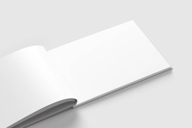 Boş beyaz kitabın Mock-up yumuşak gri arka plan üzerinde izole. Açık ve kapalı, izole kırpma yoluyla. 3D çizim. Yatay.