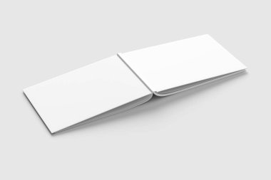 Boş beyaz kitabın Mock-up yumuşak gri arka plan üzerinde izole. Açık ve kapalı, izole kırpma yoluyla. 3D çizim. Yatay.