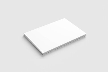 Boş beyaz kitabın Mock-up yumuşak gri arka plan üzerinde izole. Açık ve kapalı, izole kırpma yoluyla. 3D çizim. Yatay.
