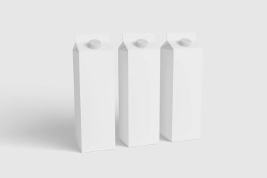 Süt veya meyve suyu ile vidalı kapak Mock-up, yumuşak gri arka plan üzerinde izole karton kutularda. Tasarım ve kurumsal desen için kullanılabilir. 3D çizim.