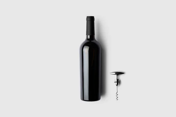 Bouteille Vin Rouge Tire Bouchon Sur Fond Gris Doux Illustration — Photo