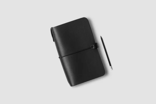 Μαύρο Δερμάτινο Σημειωματάριο Συσκευή Τύπου Πένας Ανοιχτό Γκρι Φόντο Εικονογράφηση — Φωτογραφία Αρχείου